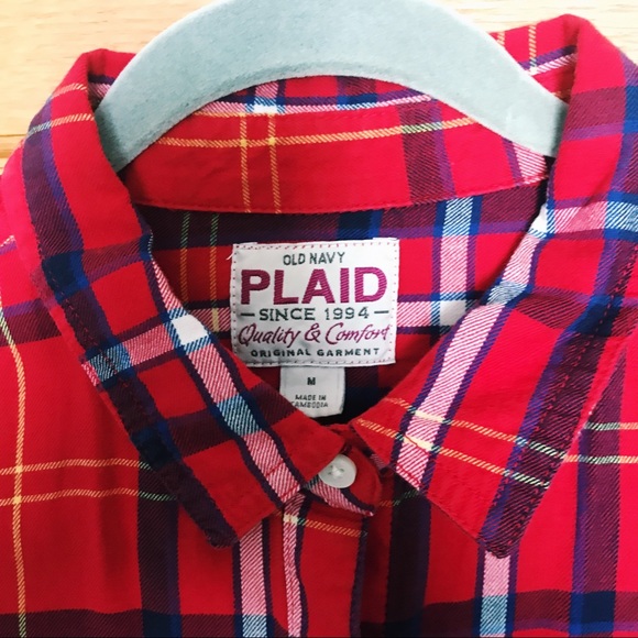 Old Navy M Plaid Flannel Red White Blue Yellow - Picture 3 of 3